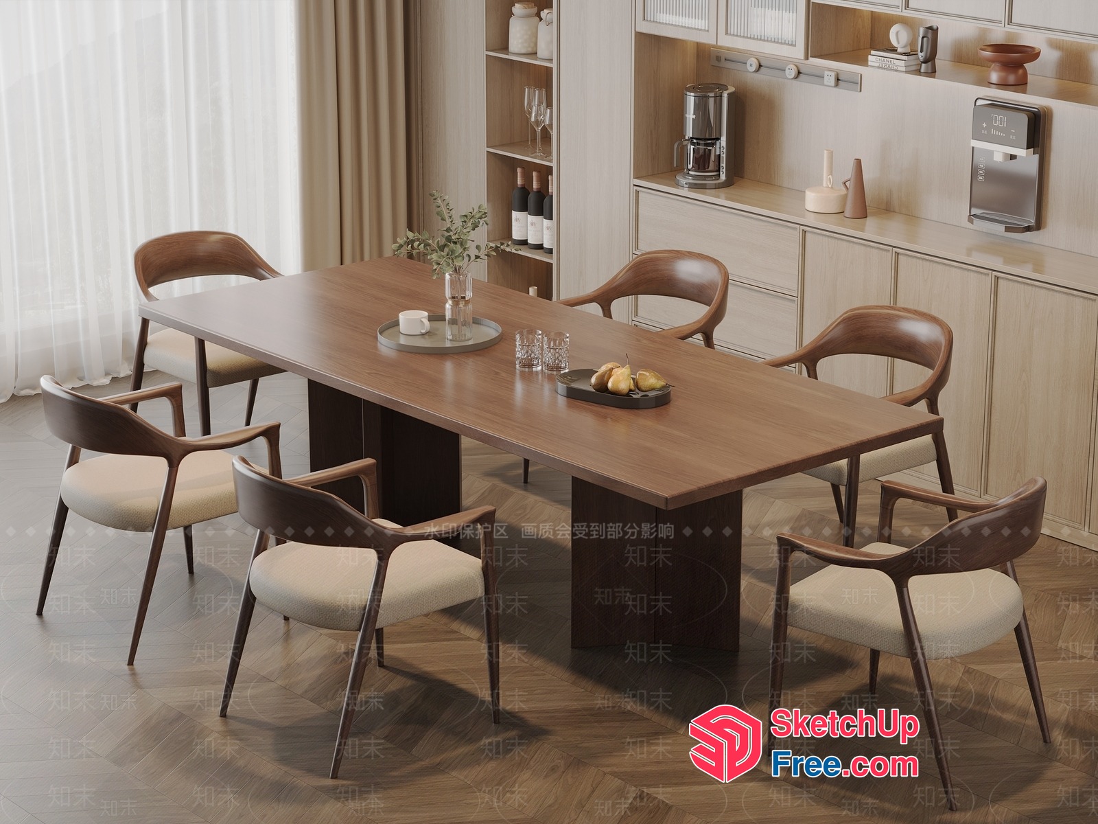 Modern Dining Room With Wooden Table And Chairs 3D SketchUp File