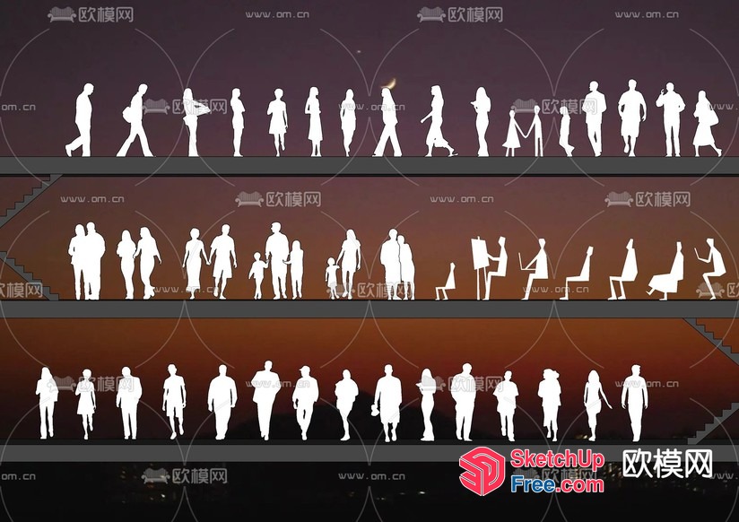 White Silhouettes Of People In Various Poses On A Staircase 3D SketchUp File