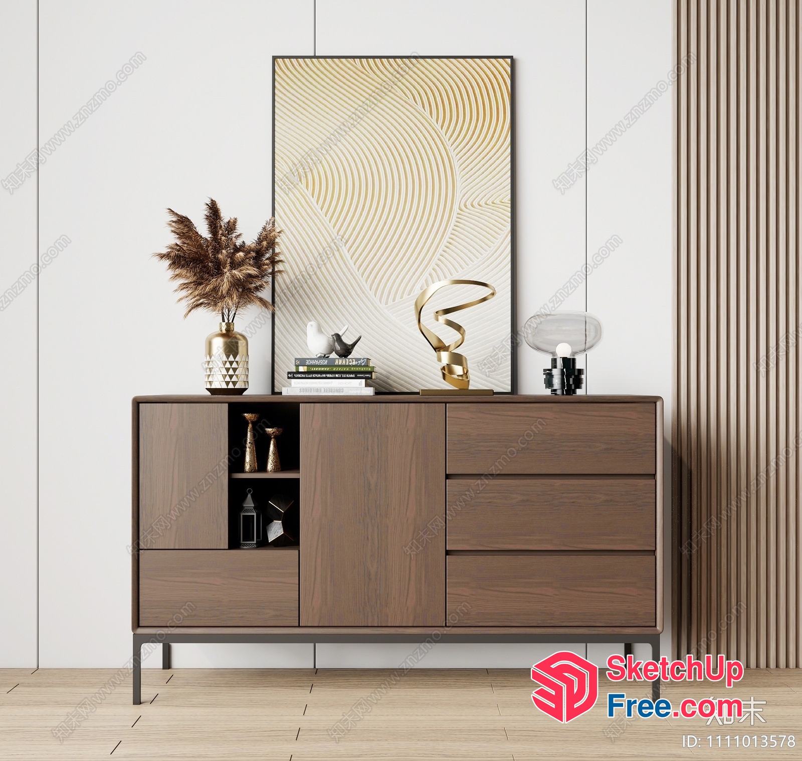 Modern Minimalist Brown Wood Sideboard With Decorative Items 3D SketchUp File