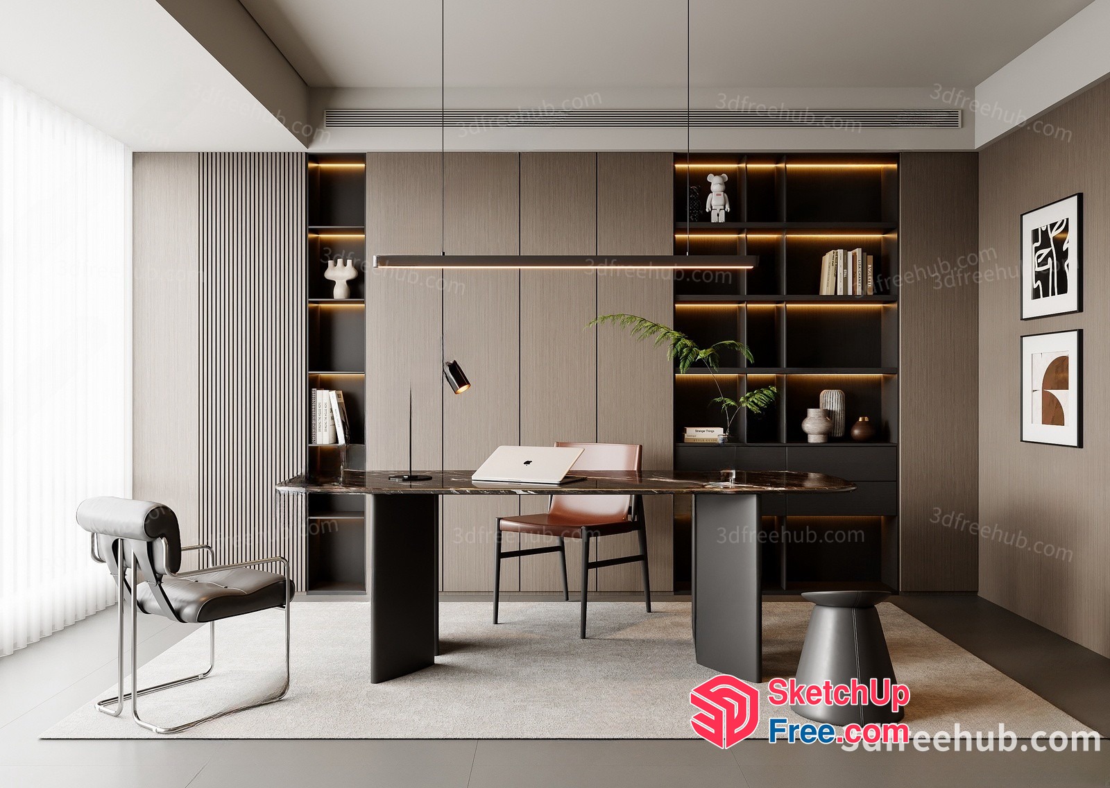 Modern Office Interior With Sleek Desk And Chairs 3D SketchUp File
