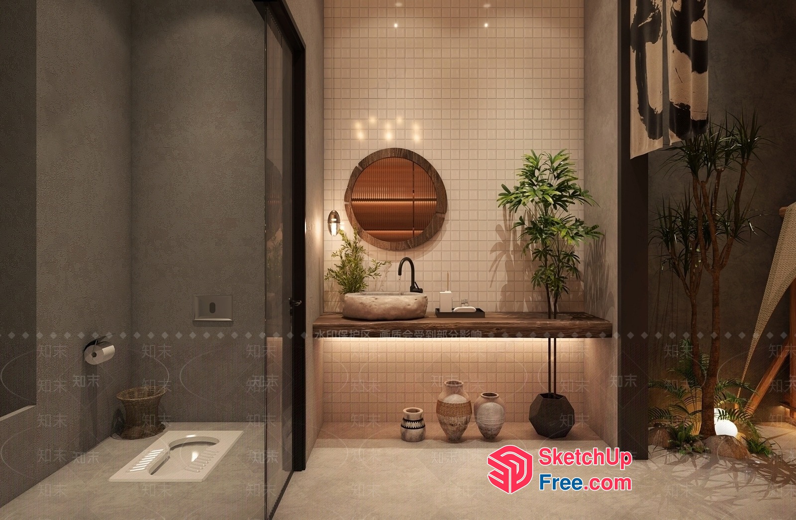 Modern Japanese-Style Bathroom With Earthy Tones And Natural Decor 3D SketchUp File