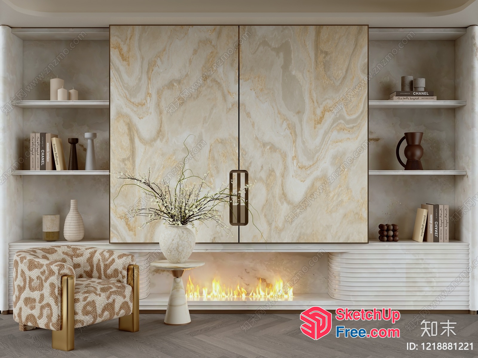 Elegant Creamy Marble Fireplace And White Cabinet 3D SketchUp File
