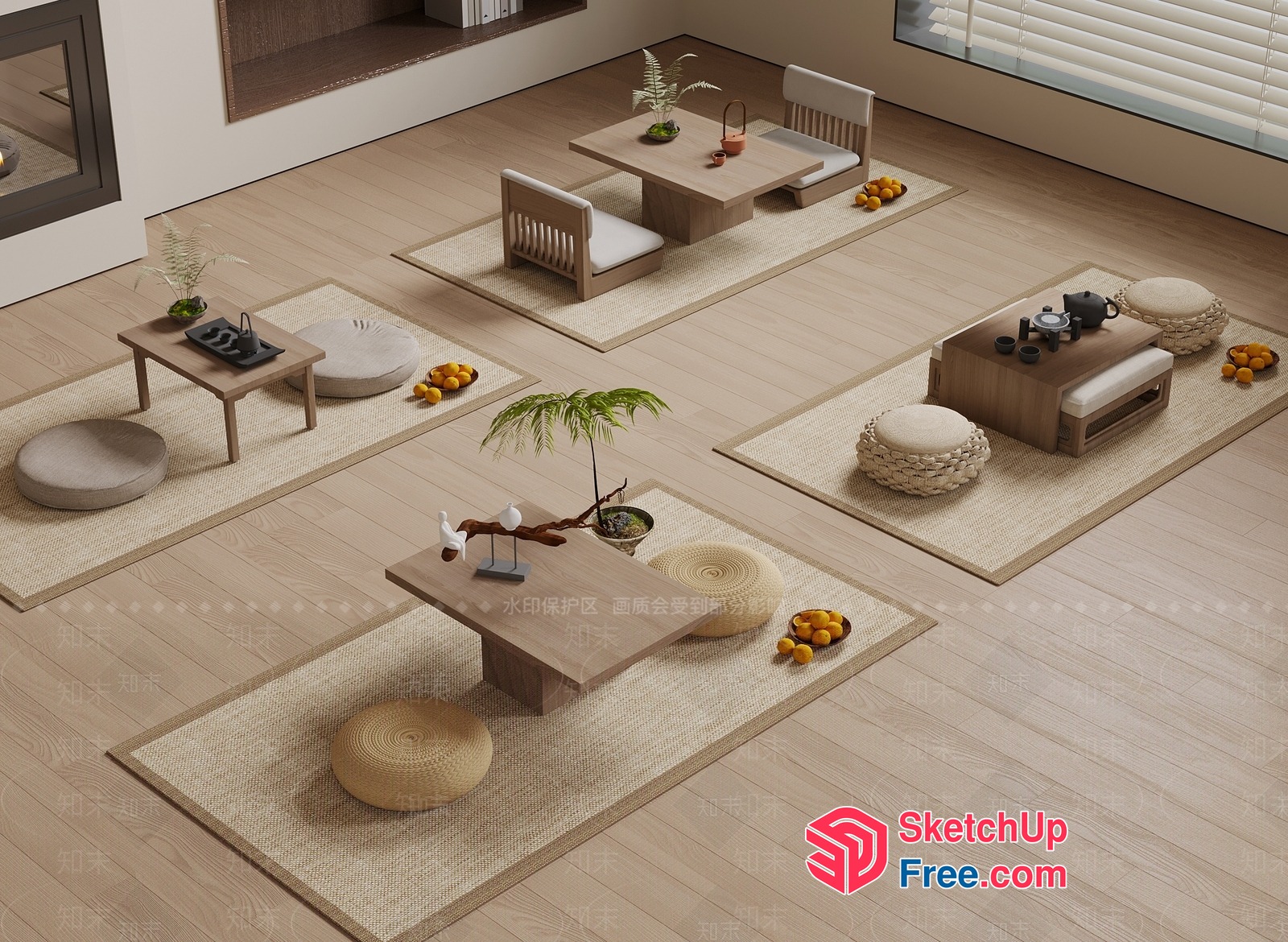 Elegant Japanese-Style Living Room With Natural Wood Accents 3D SketchUp File