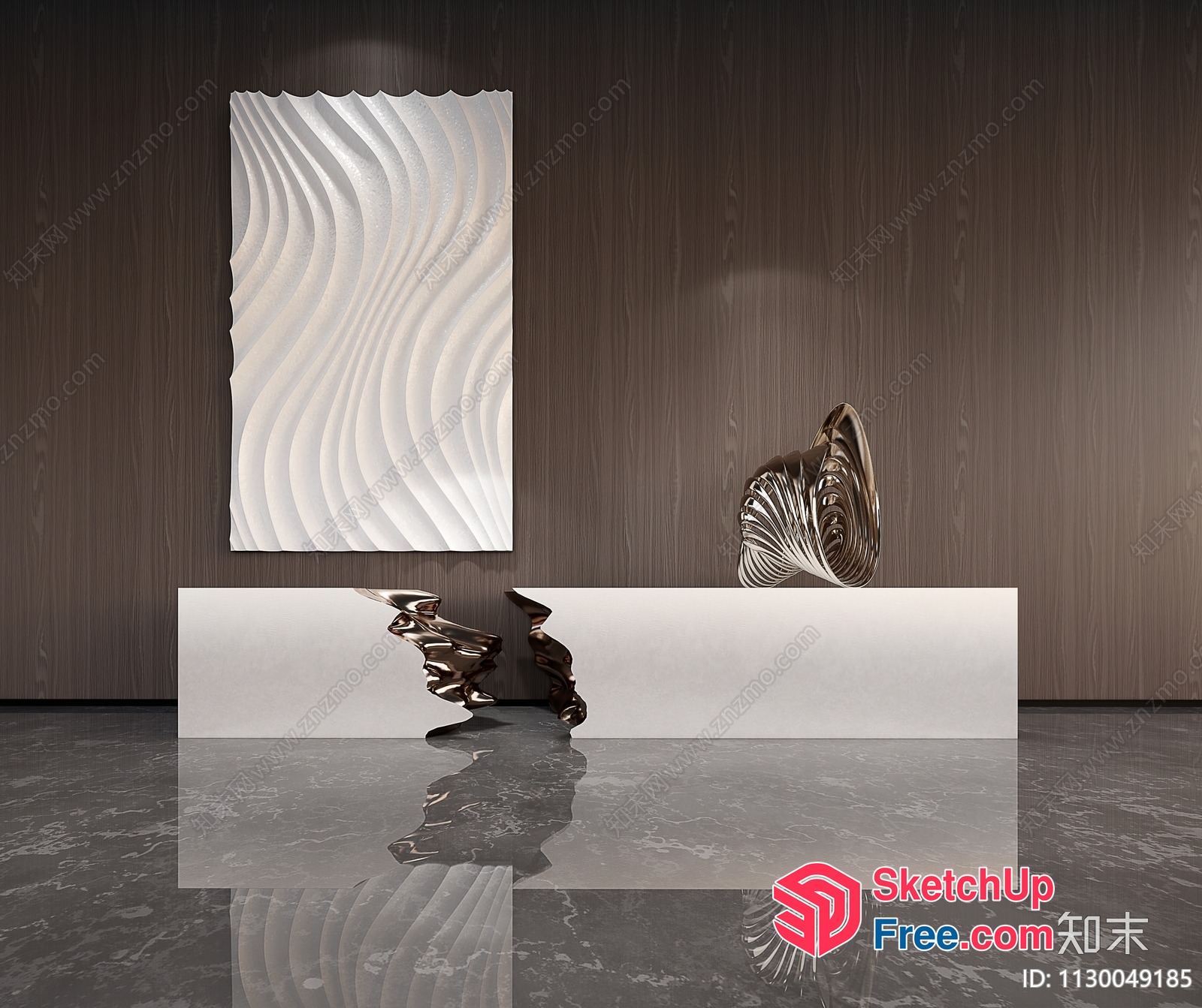 Modern Art Piece And Sculptures On A White And Gray Marble Floor 3D SketchUp File