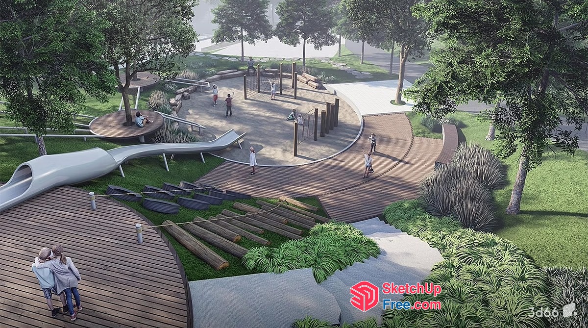 Outdoor Playground Area With Wooden Flooring And Play Equipment 3D SketchUp File