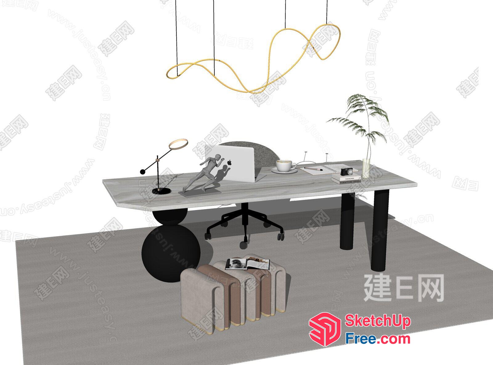 Modern Minimalist Office Interior With Grey And Black Furniture 3D SketchUp File