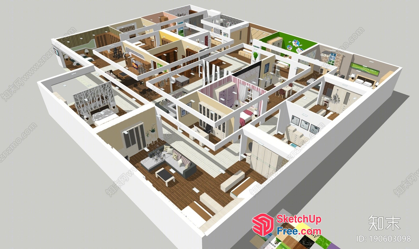 3D Floor Plan Of A Large House With Multiple Rooms 3D SketchUp File