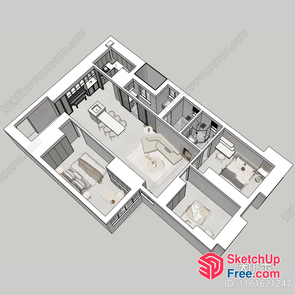 3D Model Of A Modern Apartment Plan With Furniture 3D SketchUp File