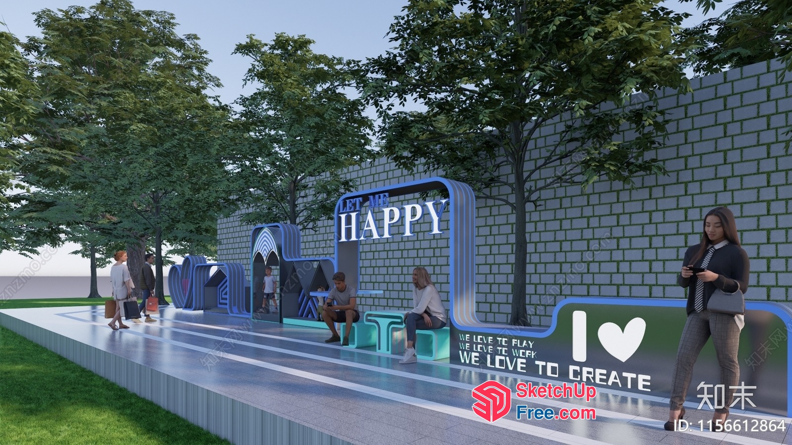 Modern Outdoor Seating Area With Playful Signage 3D SketchUp File