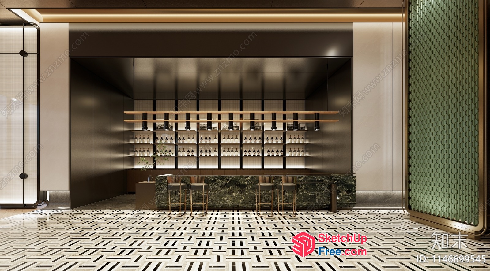 Modern Bar Interior With Sleek Shelving And Stools 3D SketchUp File