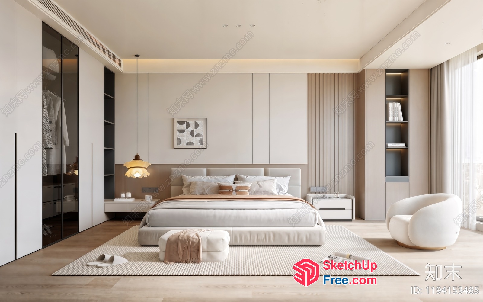 Modern Minimalist White Creamy Style Bedroom Interior 3D SketchUp File