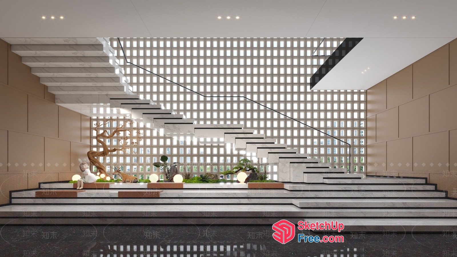 Modern Staircase With A Unique Glass Brick Wall 3D SketchUp File