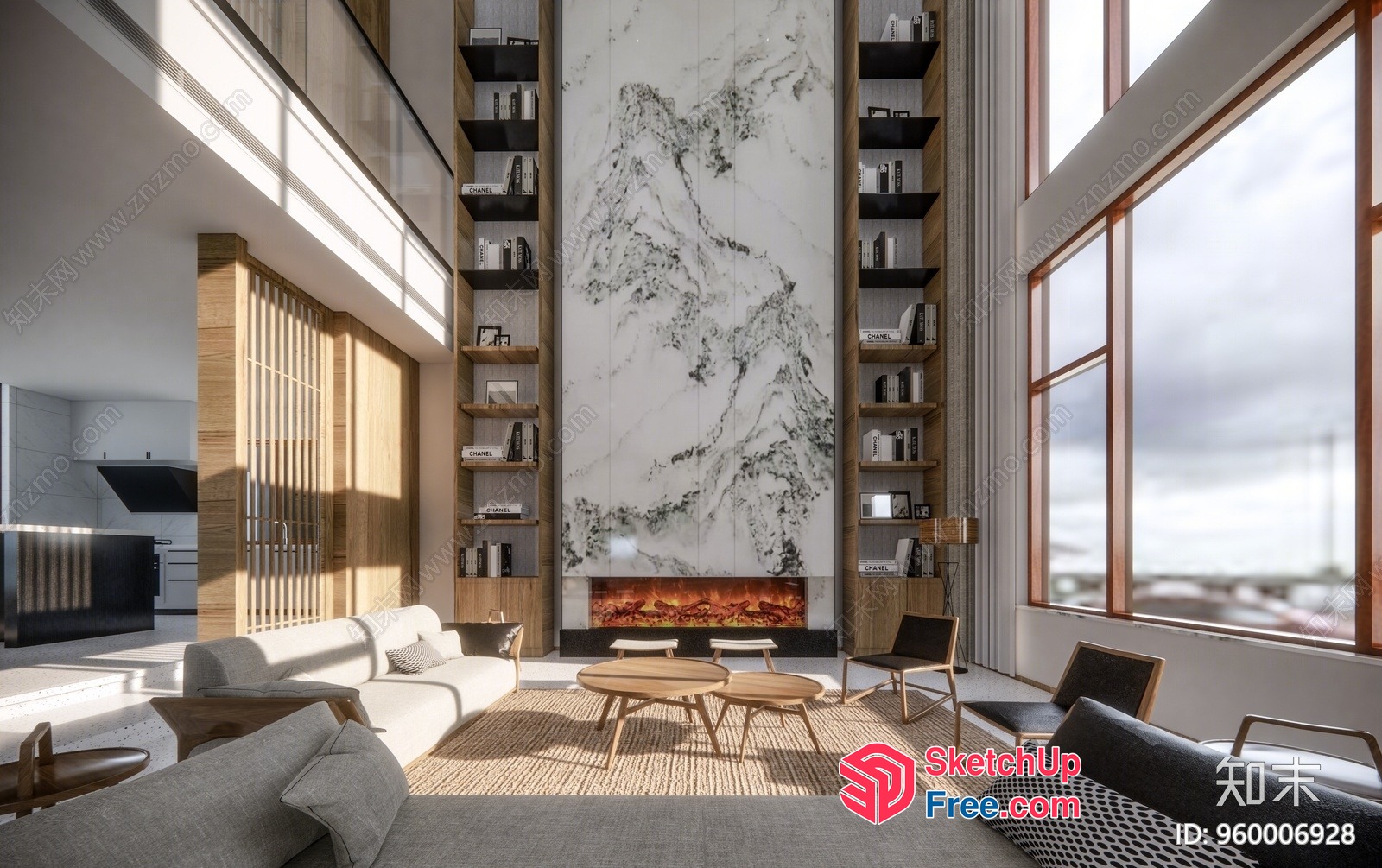 Modern High-Ceiling Living Room With Fireplace And Large Windows 3D SketchUp File