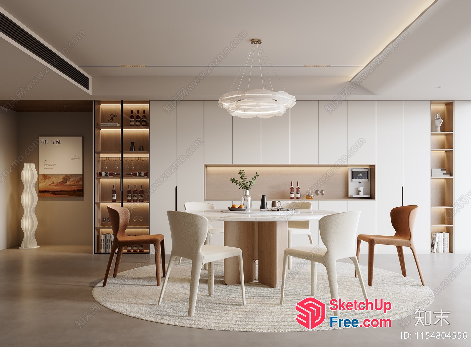 Modern Minimalist Dining Room With White And Wood Tones 3D SketchUp File