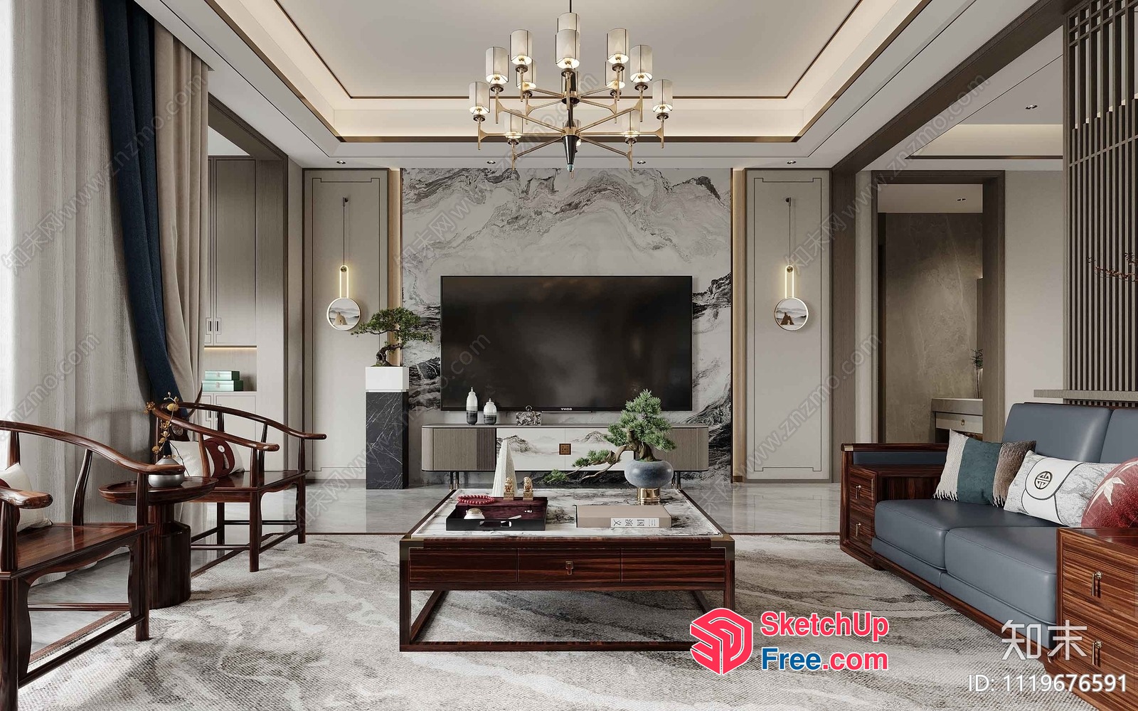 Luxurious Living Room With Elegant Tv And Sofa Set 3D SketchUp File
