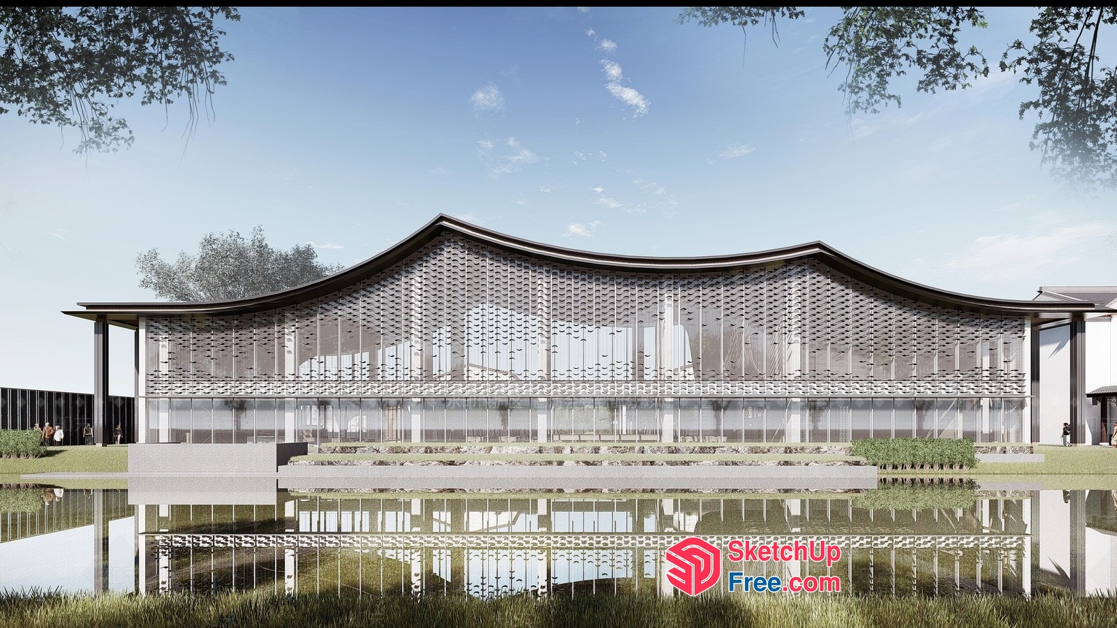 Modern Asian-Inspired Glass Curtain Wall Building 3D SketchUp File