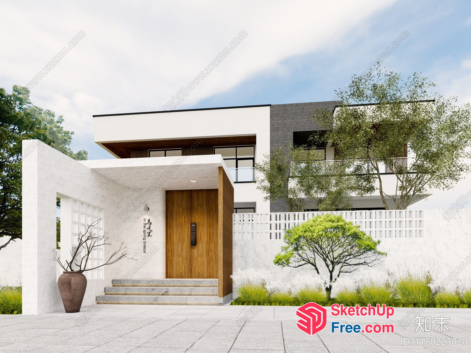 Modern Exterior Villa With Wood Door And White Walls 3D SketchUp File