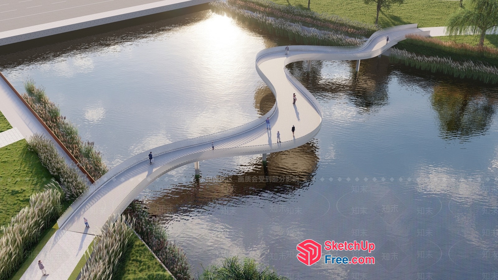 Serpentine Pedestrian Bridge Over Waterway 3D SketchUp File