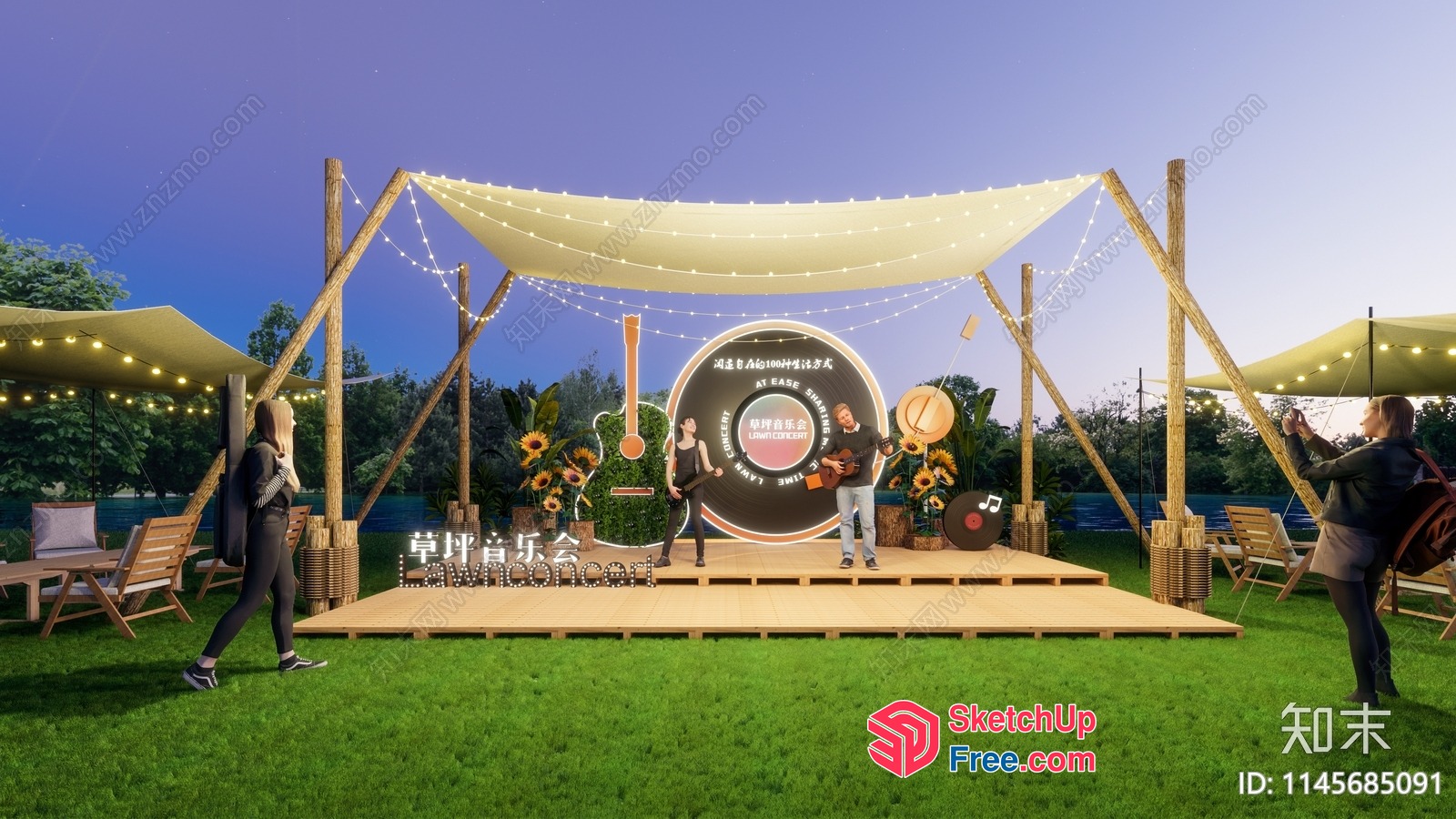 Outdoor Performance Stage With Musical Instruments 3D SketchUp File