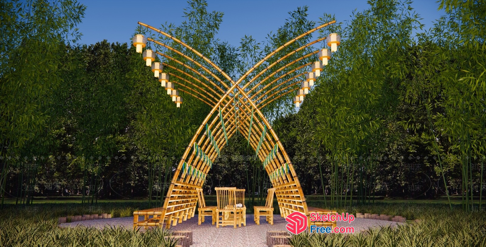 Bamboo Archway With Hanging Lanterns And Seating 3D SketchUp File