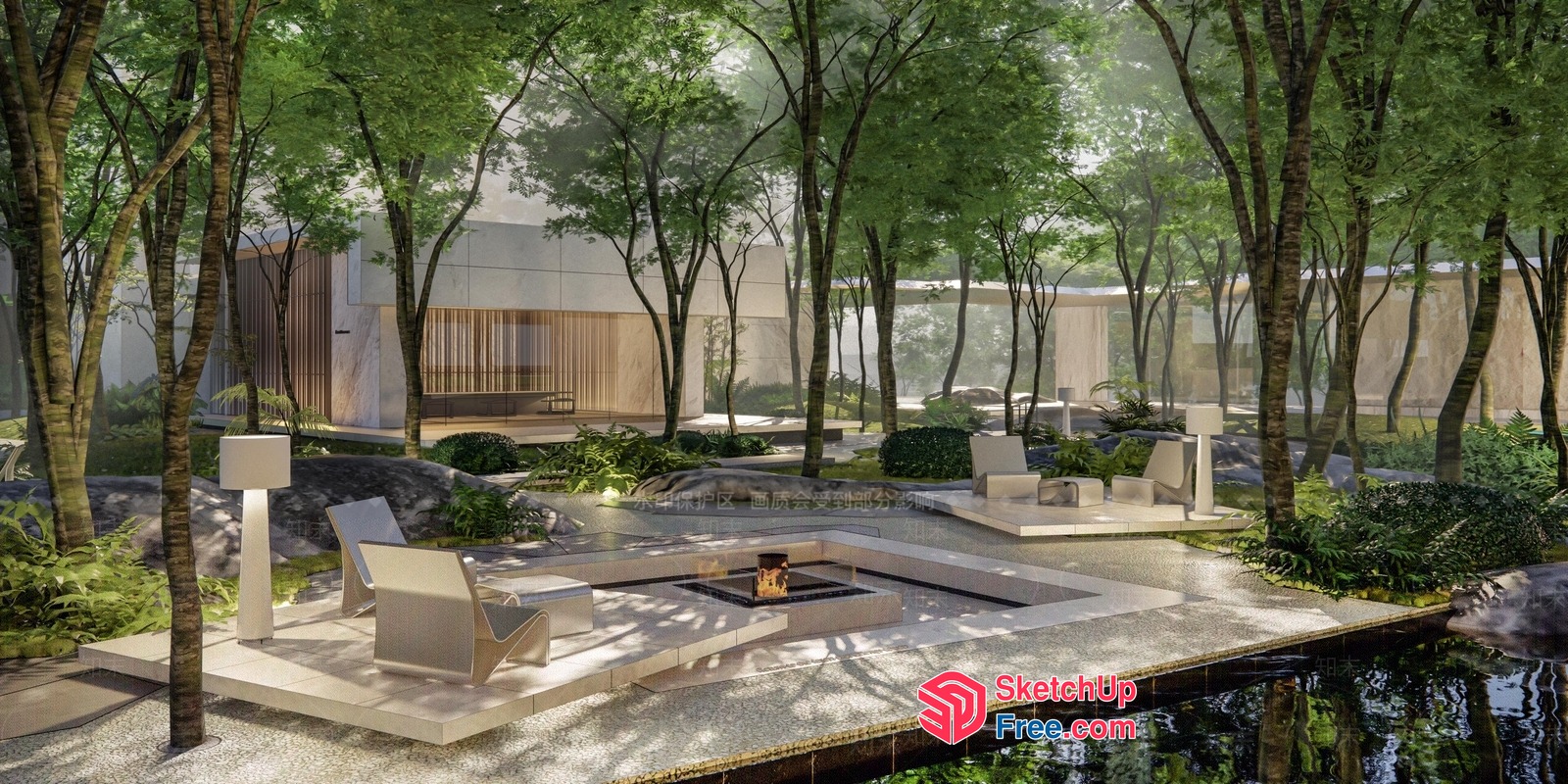 Elegant Modern Outdoor Space With Fire Pit And Water Feature 3D SketchUp File