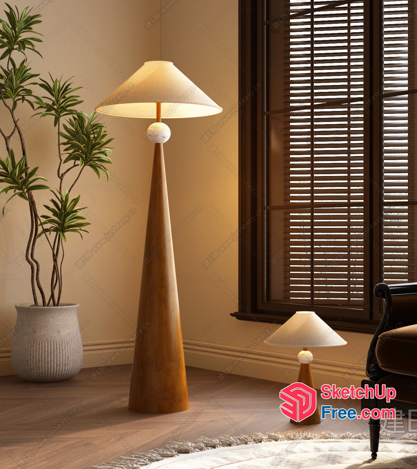 Elegant Wood Floor Lamp With Conical Design And White Shade 3D SketchUp File