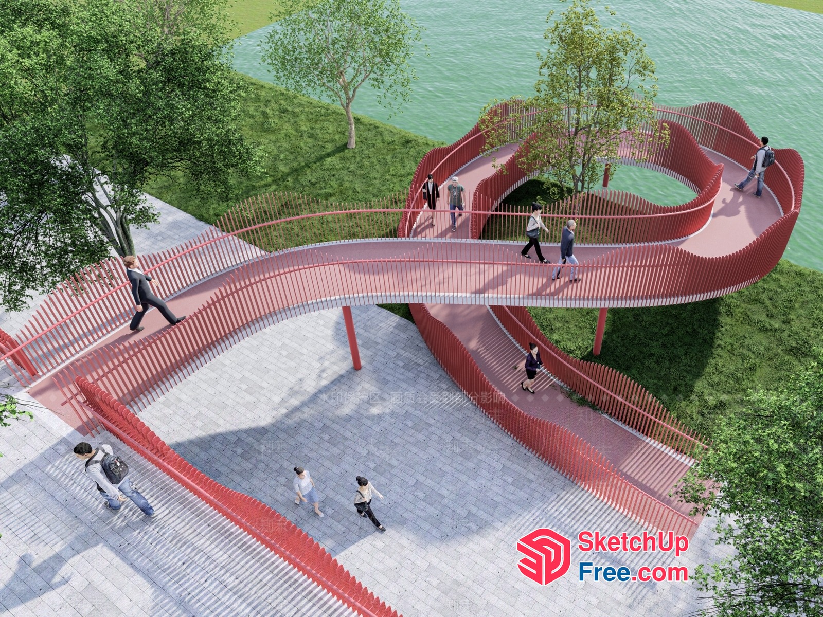 Curved Red Railing Stairway Leading To Outdoor Walkway 3D SketchUp File