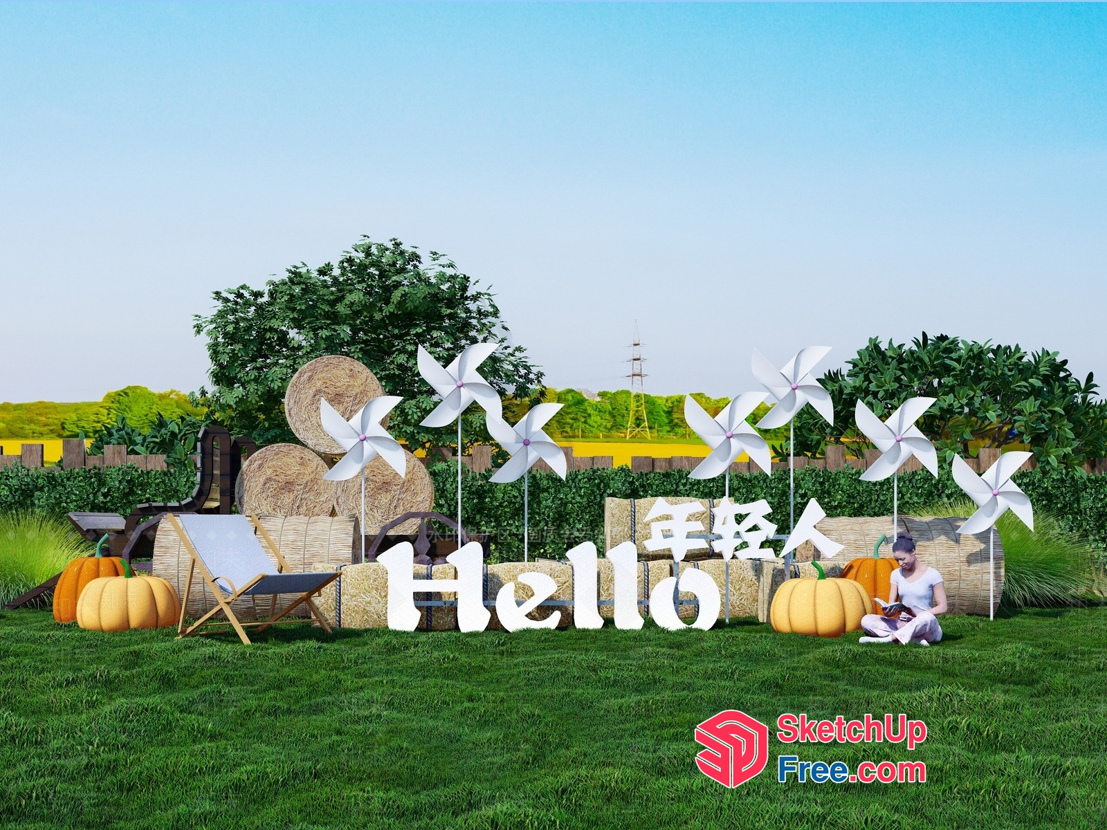 Autumnal Exterior Decor With Pumpkins And Windmills 3D SketchUp File