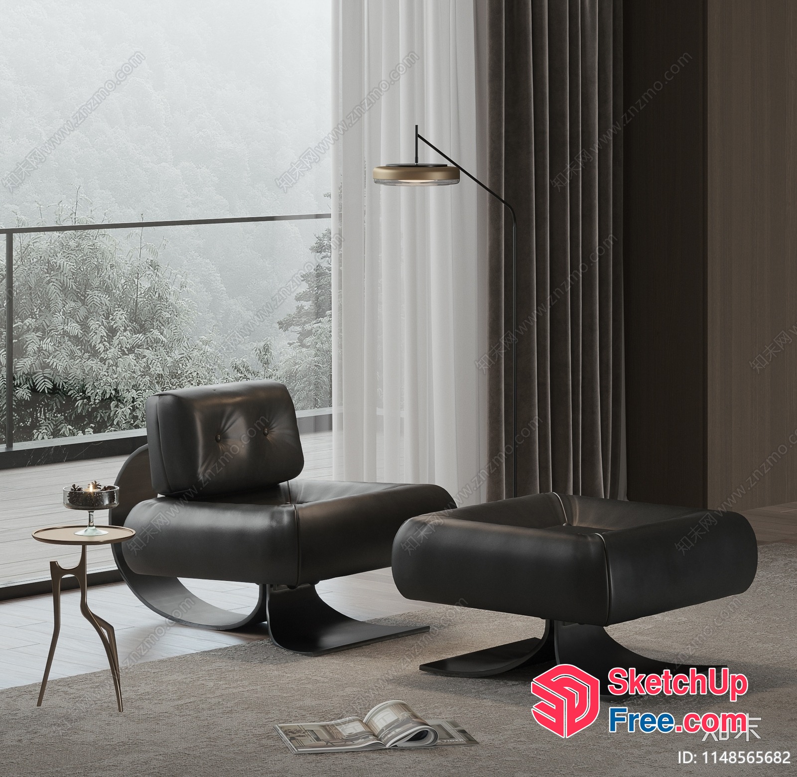 Modern Black Leather Sofa And Chair Set 3D SketchUp File