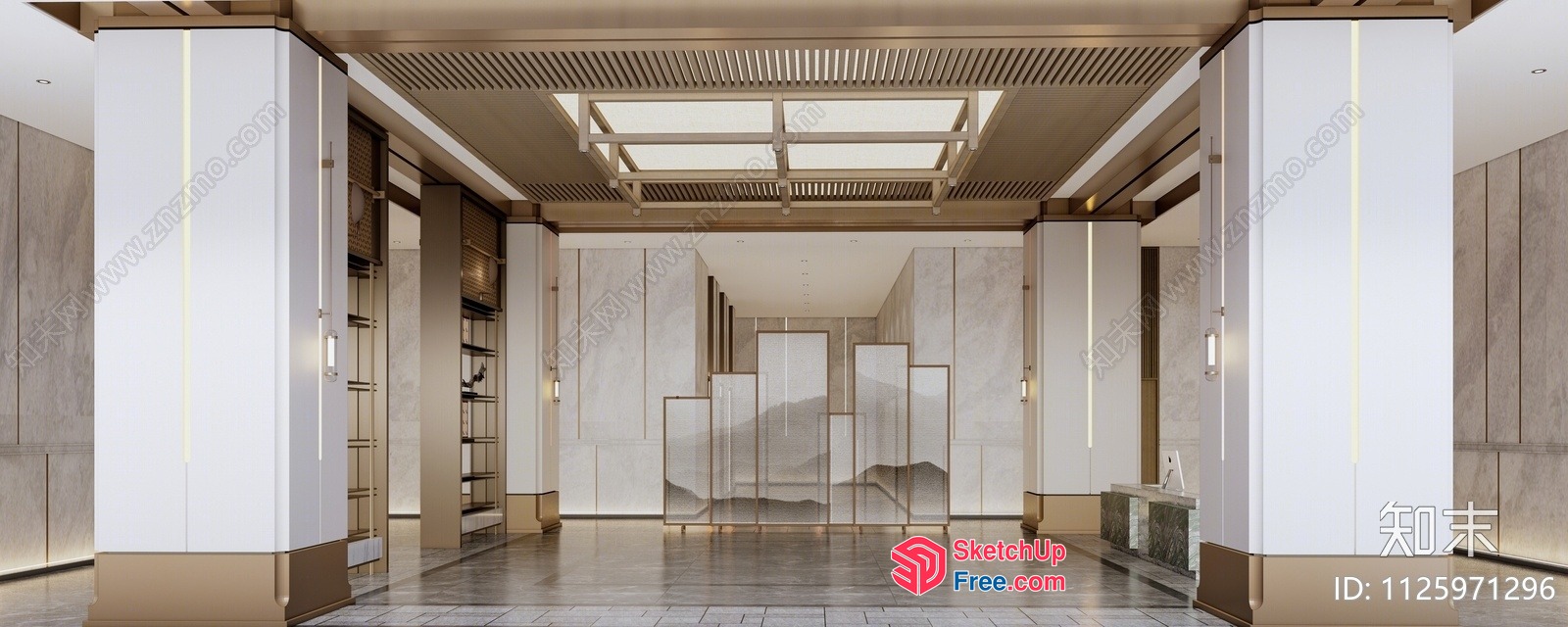 Marble And Gold Pillars And Ceiling In A Modern Room 3D SketchUp File