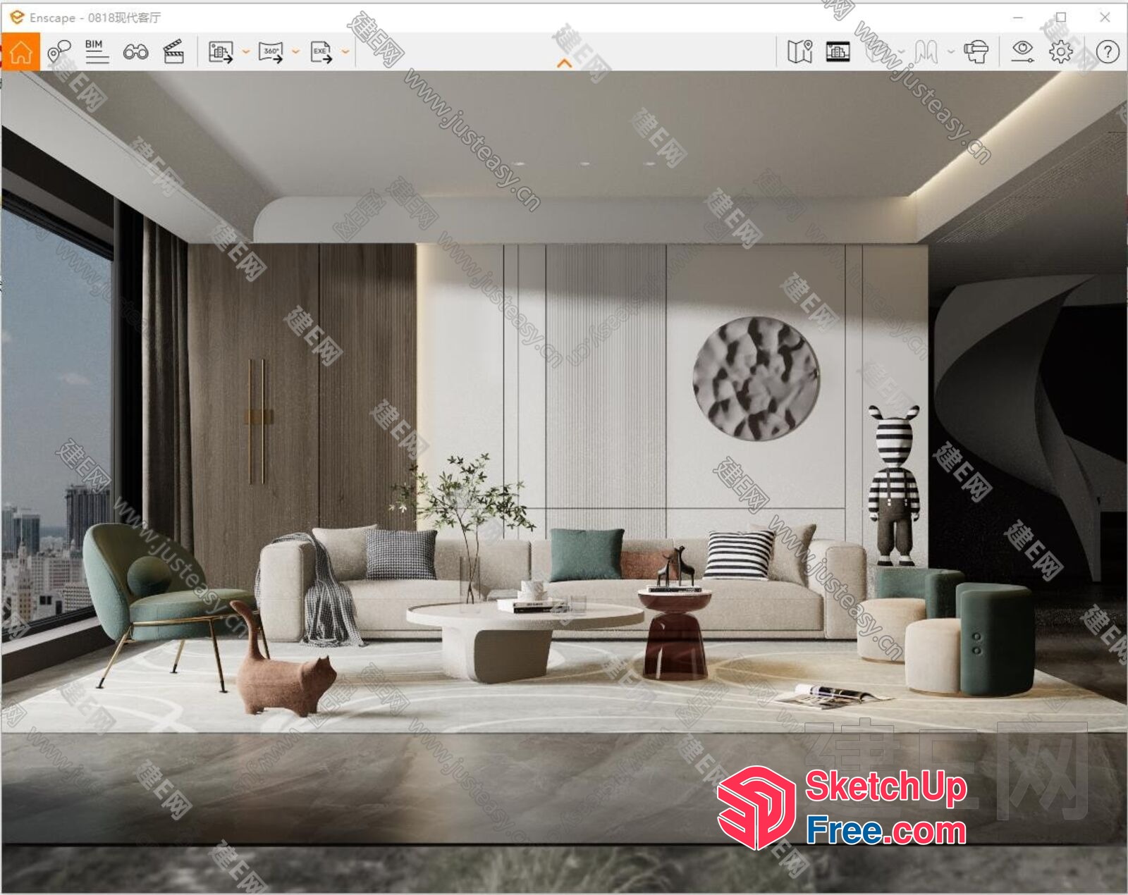 Modern Minimalist Living Room With City View 3D SketchUp File
