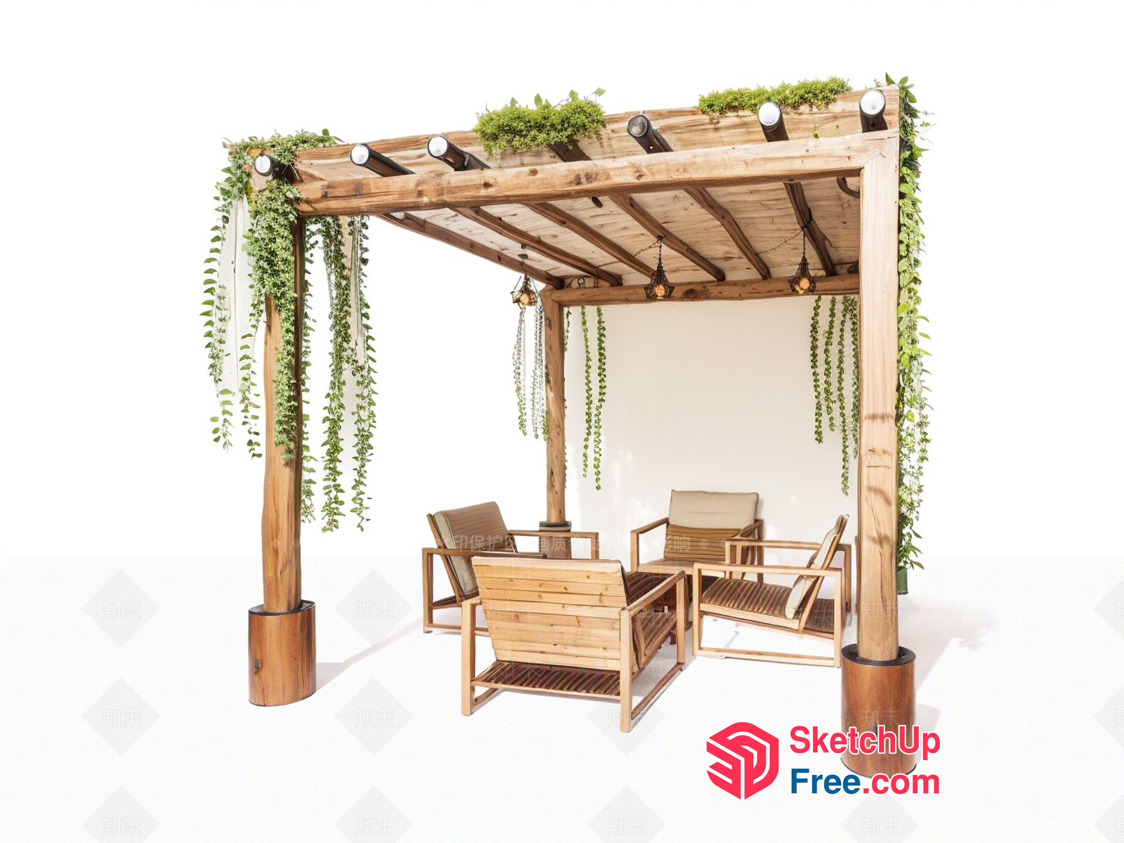 Outdoor Wooden Pergola With Hanging Plants 3D SketchUp File