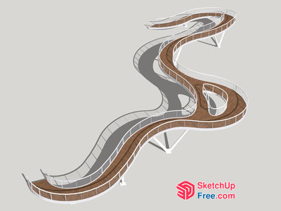 Curved Staircase With Glass Railing And Wooden Accents 3D SketchUp File
