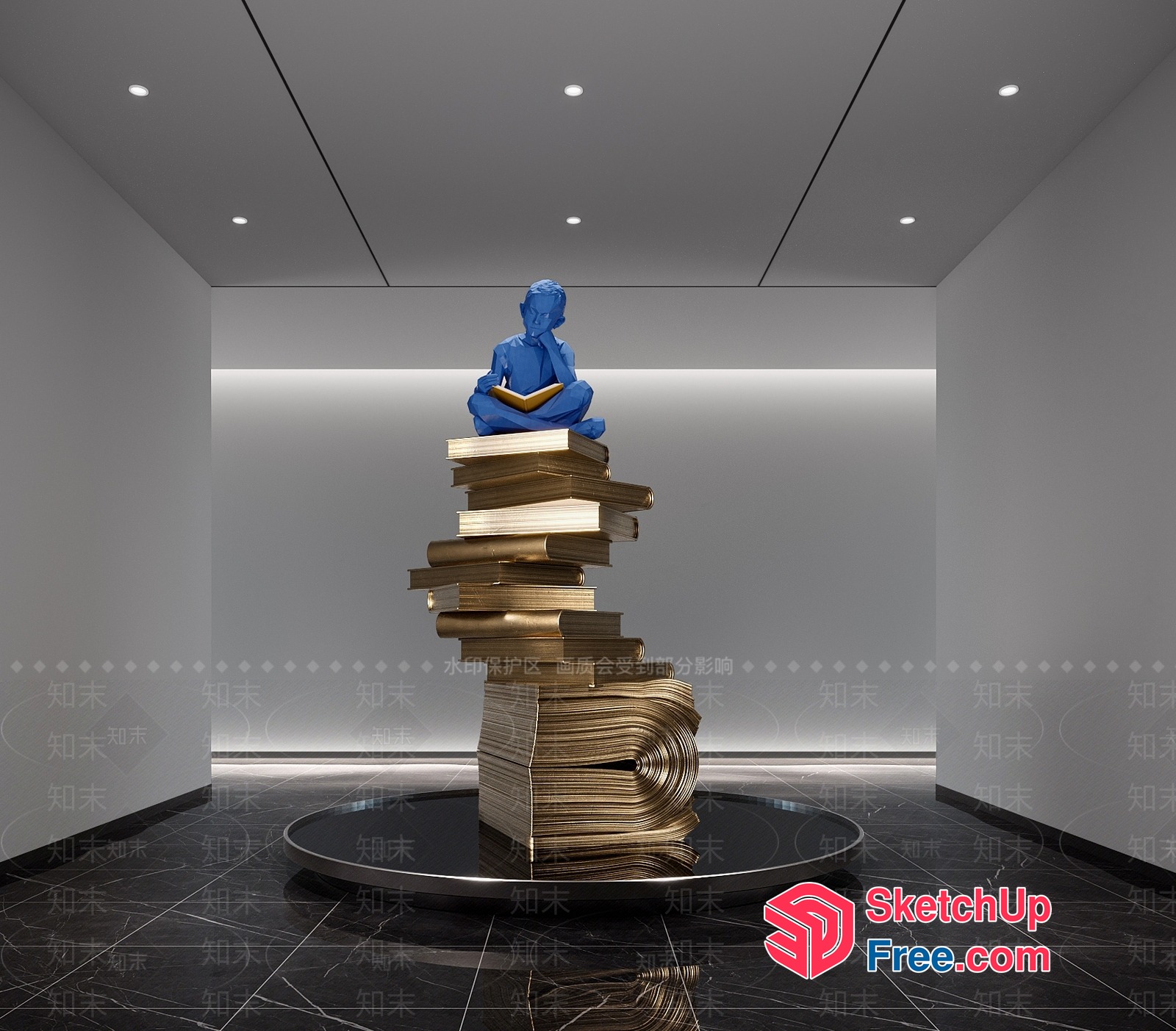 A Modern Reading Nook With A Stack Of Books And A Seated Figure 3D SketchUp File