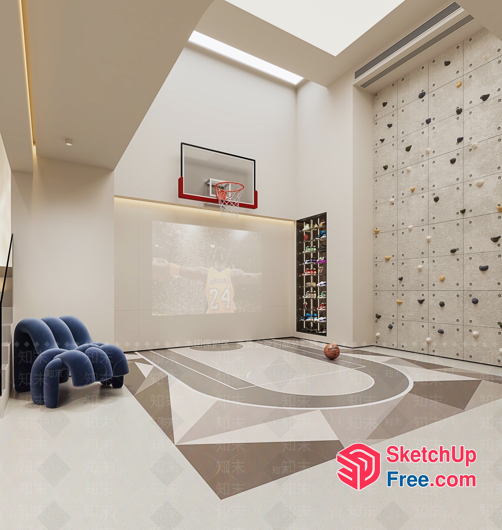 Modern Basketball Court With Projected Game Display 3D SketchUp File