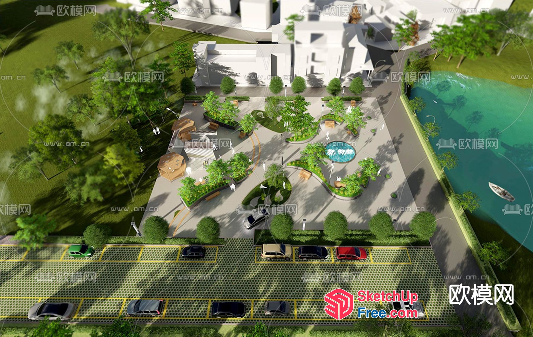 3D Rendering Of A Modern Outdoor Space With Parking Lot And Water Feature 3D SketchUp File