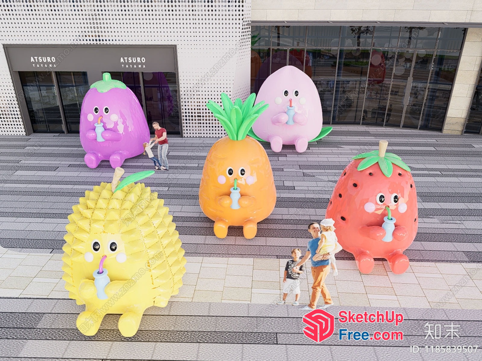 Colorful Fruit Statues Outside A Modern Building 3D SketchUp File