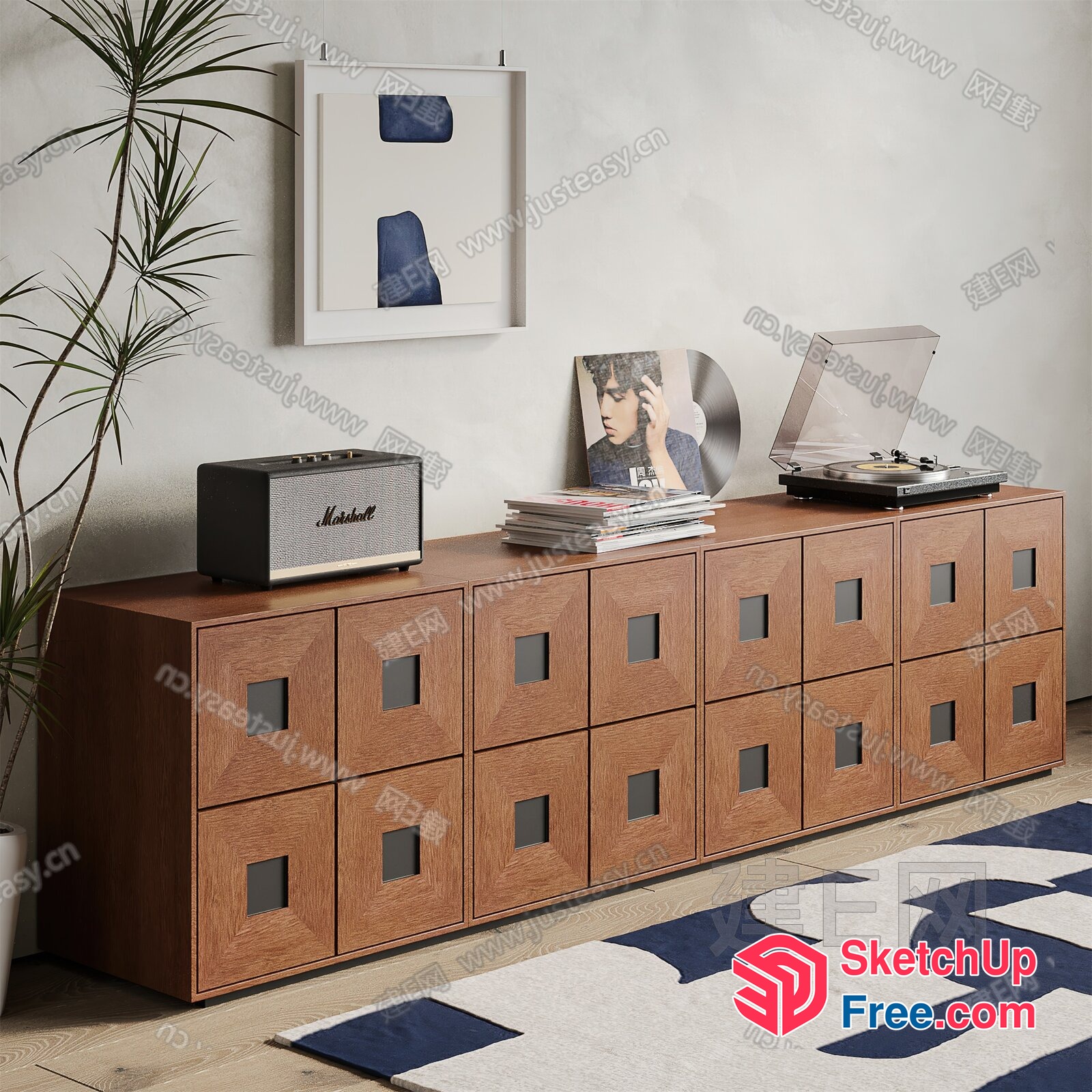 Modern Wooden Storage Unit With Vinyl Player And Artwork 3D SketchUp File