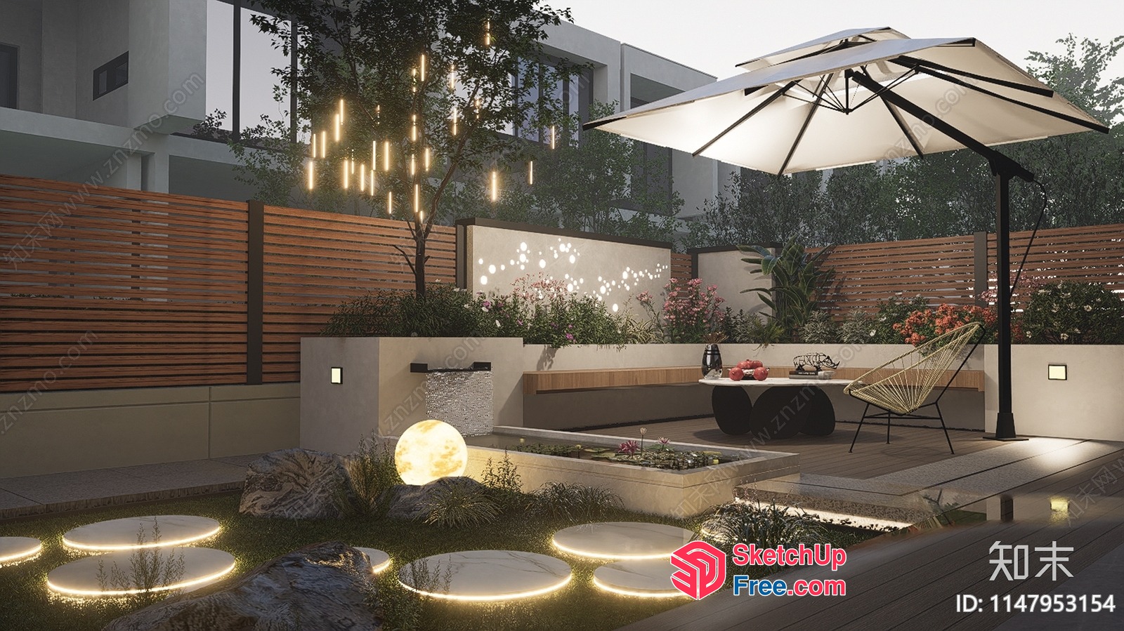 Modern Outdoor Living Space With Water Feature And Moon Decor 3D SketchUp File