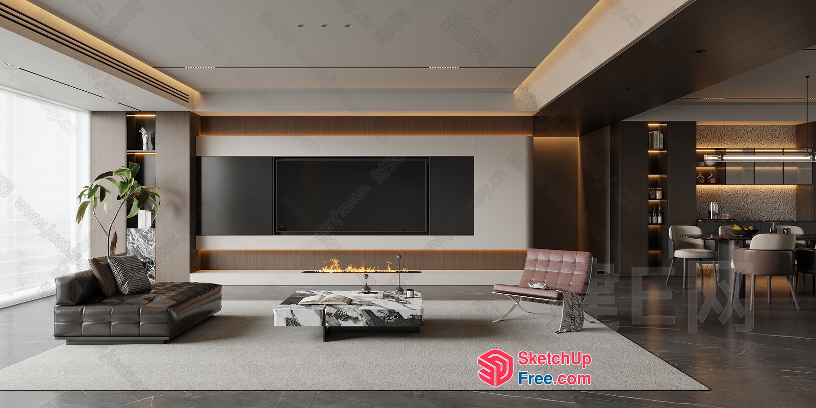 Modern Living Room With Fireplace And Flat Screen Tv 3D SketchUp File