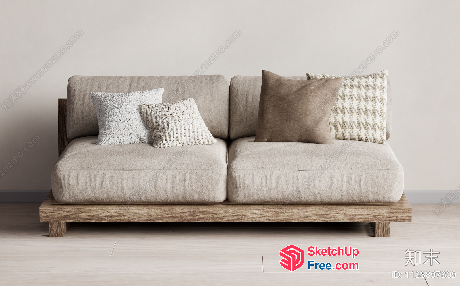 Modern Beige Sofa With Pillows And Wooden Base 3D SketchUp File