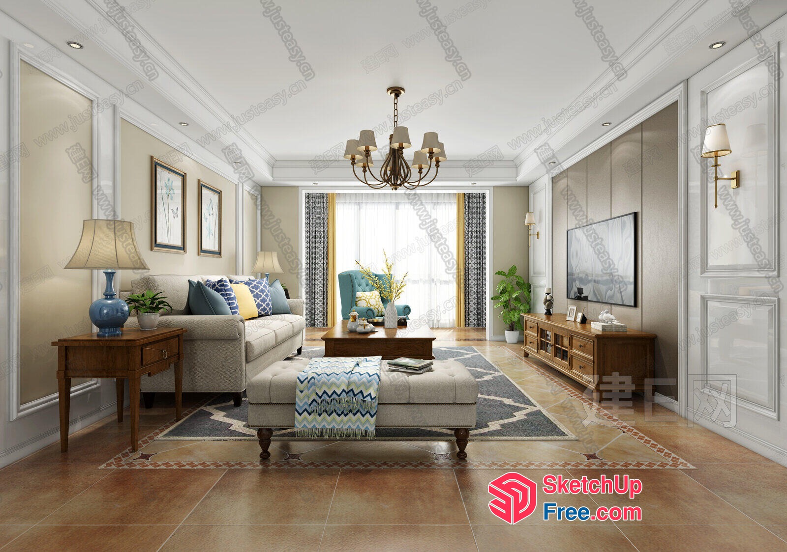 Elegant Living Room With Creamy Style Sofa And Chandelier 3D SketchUp File