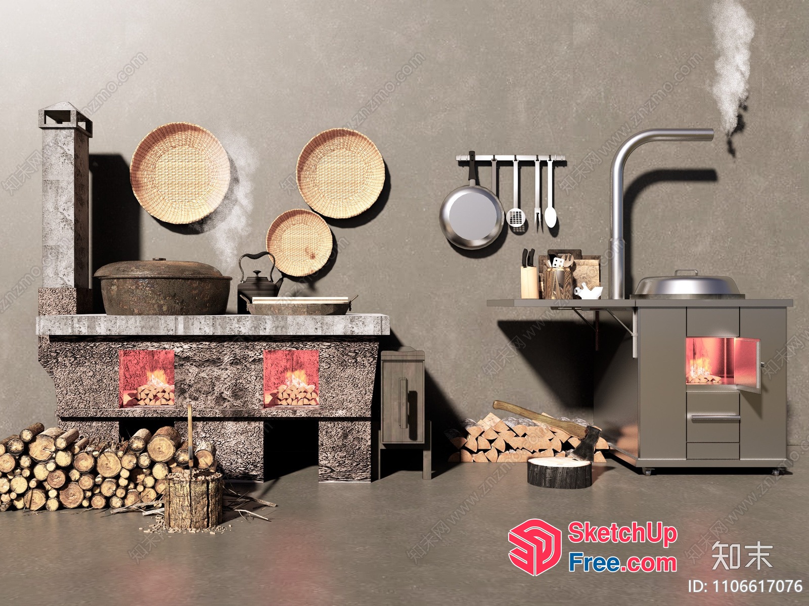 Rustic Kitchen Scene With Wood Stove And Fireplace 3D SketchUp File