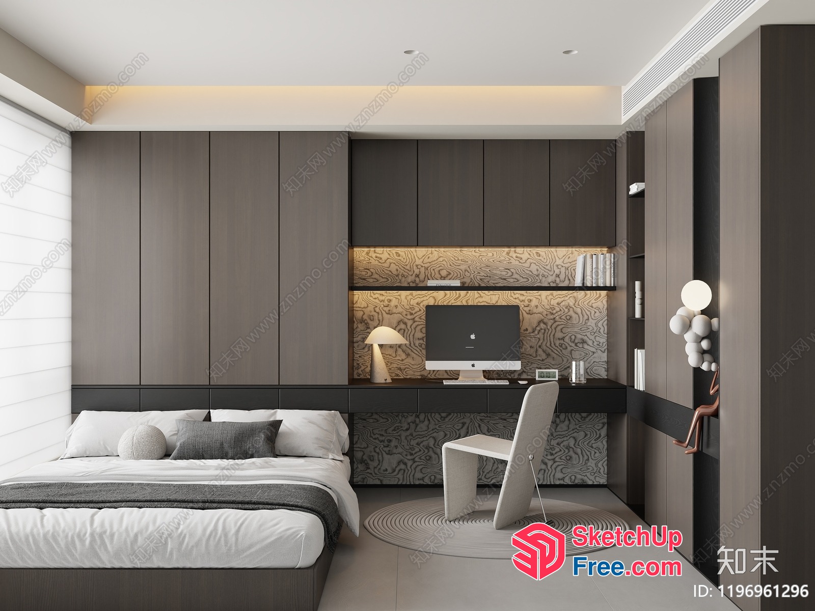 Modern Minimalist Bedroom With Built-In Desk And Storage 3D SketchUp File