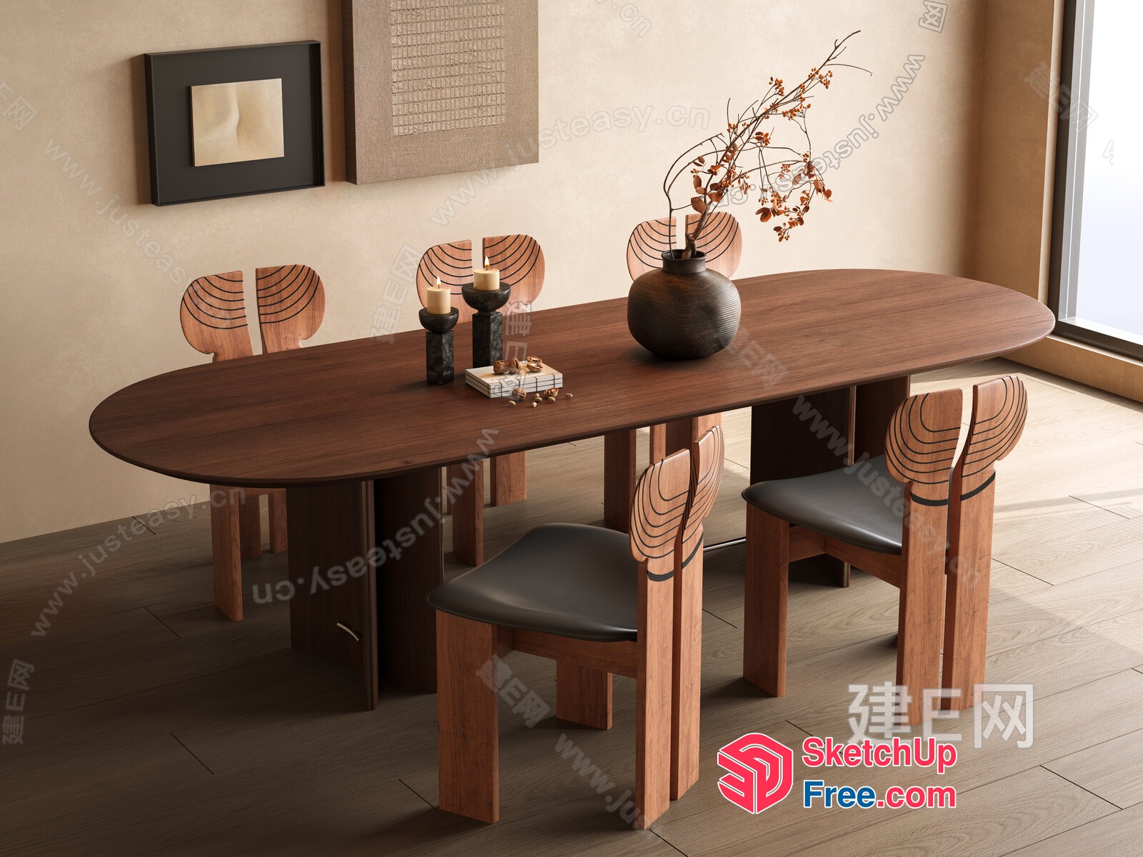 Modern Dining Room With Elegant Wooden Table And Chairs 3D SketchUp File