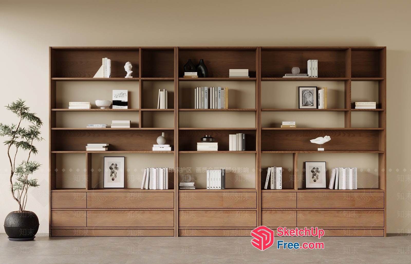 Modern Minimalist Wooden Bookcase And Shelving Unit 3D SketchUp File