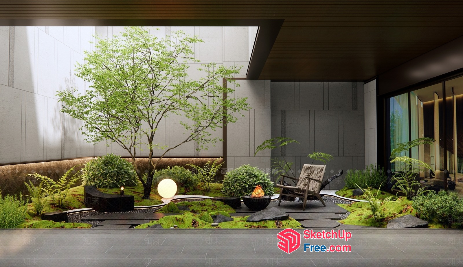 Serene Modern Japanese-Style Interior Garden 3D SketchUp File