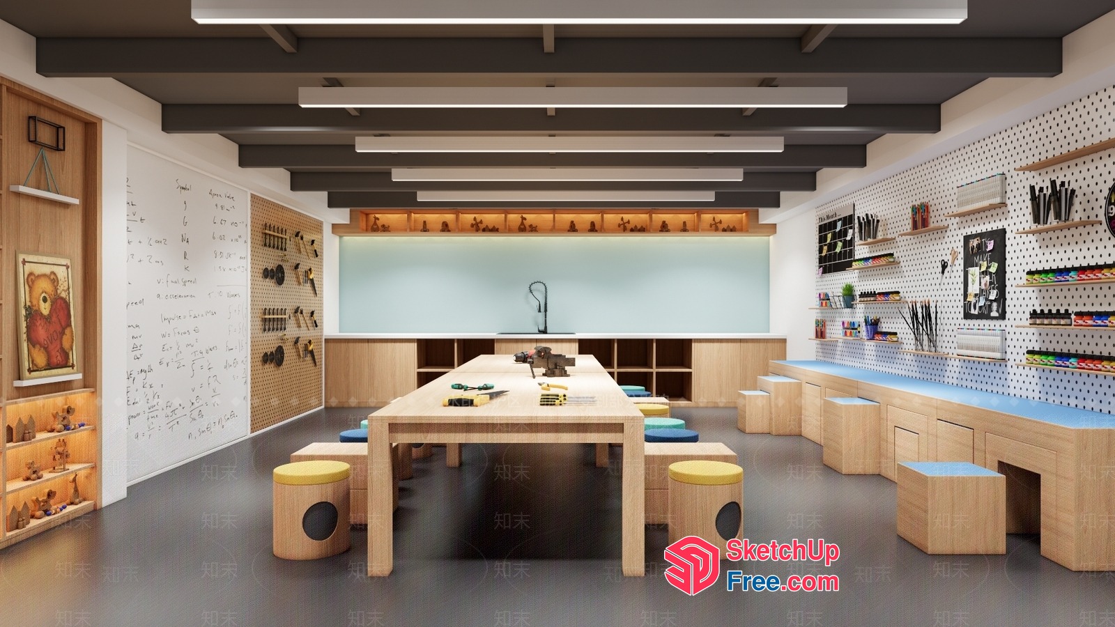 Modern Workshop Space With Wooden Tables And Benches 3D SketchUp File
