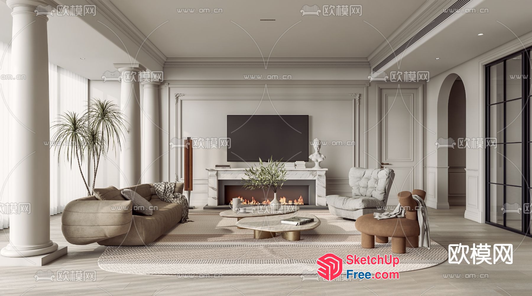 Classic European-Style Living Room With Fireplace And Pillars 3D SketchUp File