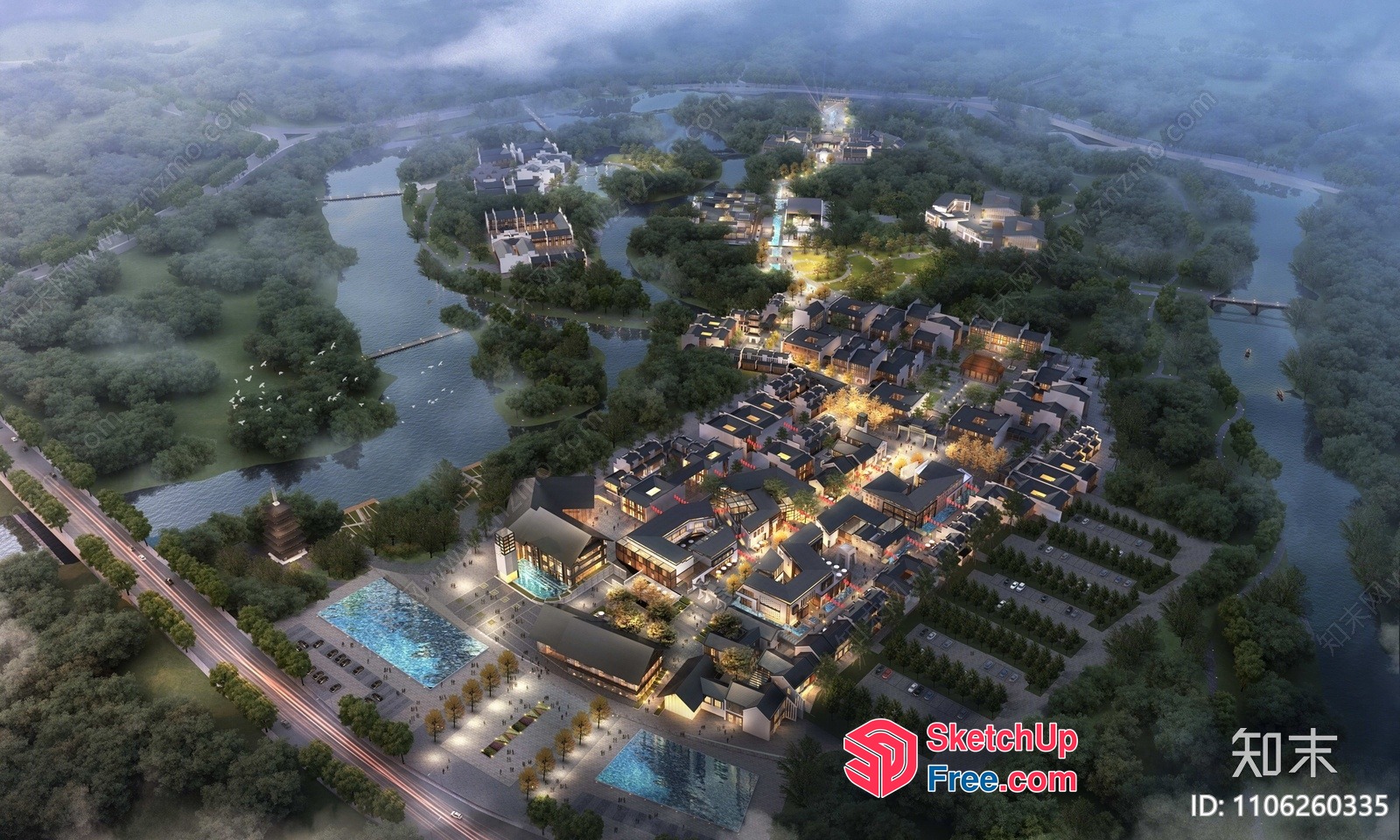 Aerial View Of A Large Village With A River And Trees 3D SketchUp File